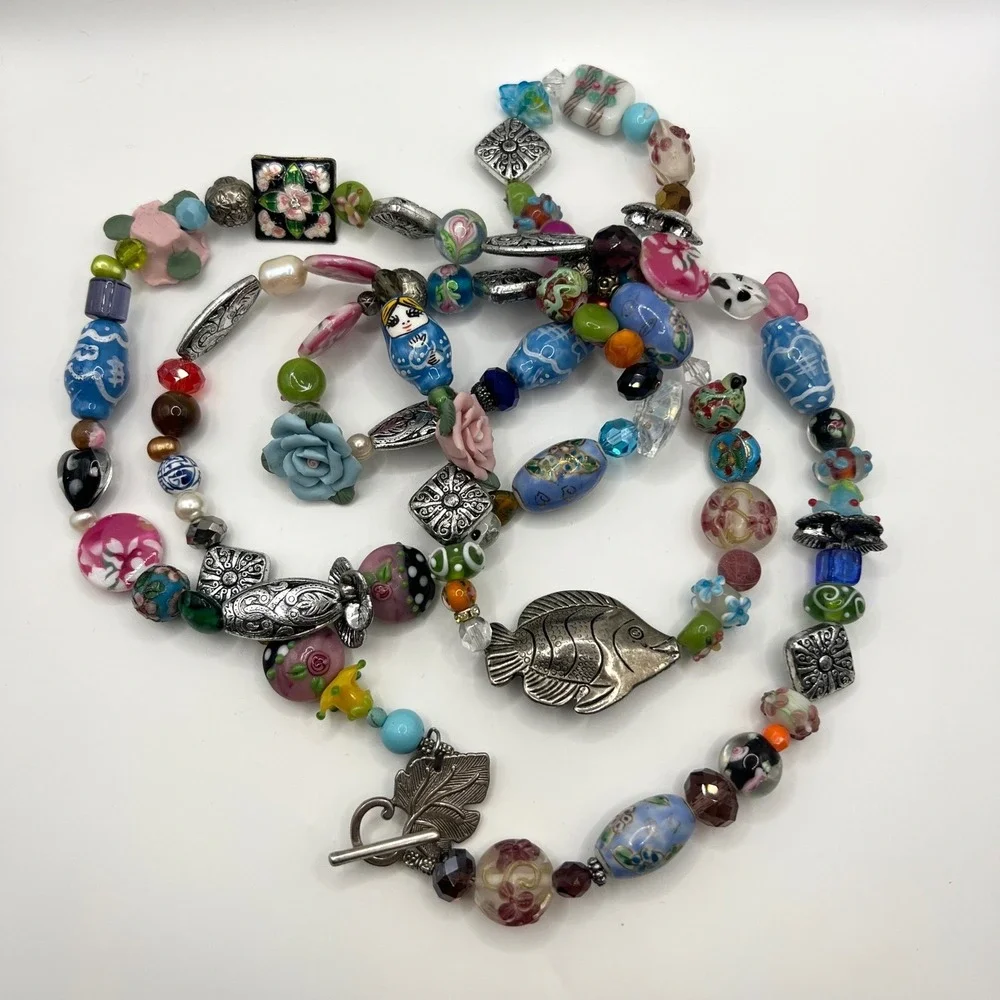 Geisha‎ Multi Strand Beaded Necklace Porcelain Lampwork Fish Nesting Doll Floral